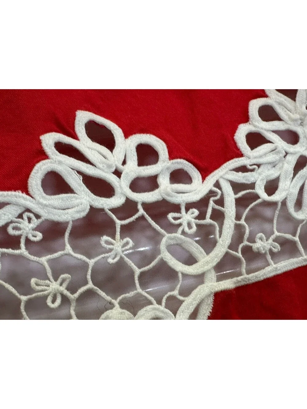 Vintage Cutwork Tablecloth Card Table Topper Floral Red White Embroidery Machine
